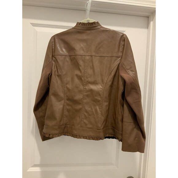 Chicos Jacket Small (1) Brown Vegan Faux Leather Sleeves Ruffle Trim Zip Lined - Picture 5 of 12